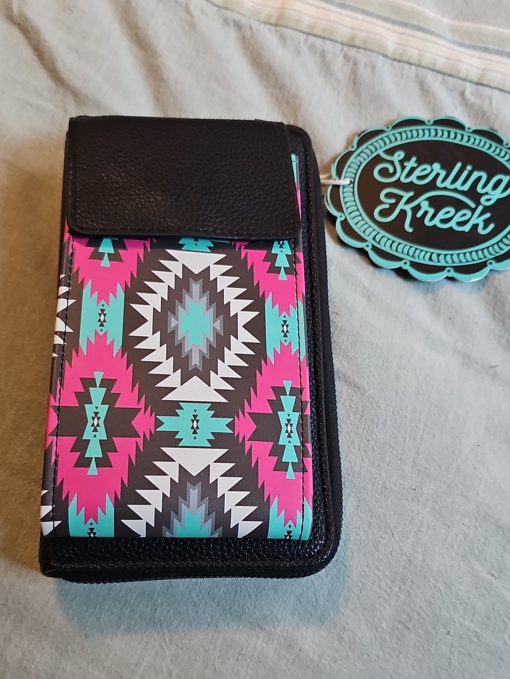 Aztec Pattern Phone Wallet Crossbody Case - Pink & Teal